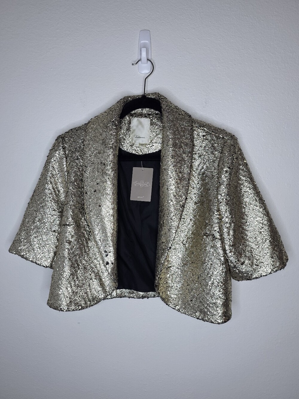 NWT Anthropologie Elevenses Gold Foil Cropped Jacket Blazer Large Metallic Wool